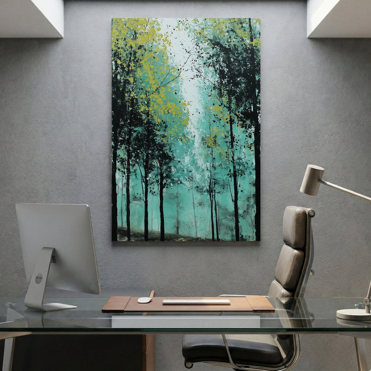 Forest path with tall trees in impressionist watercolour