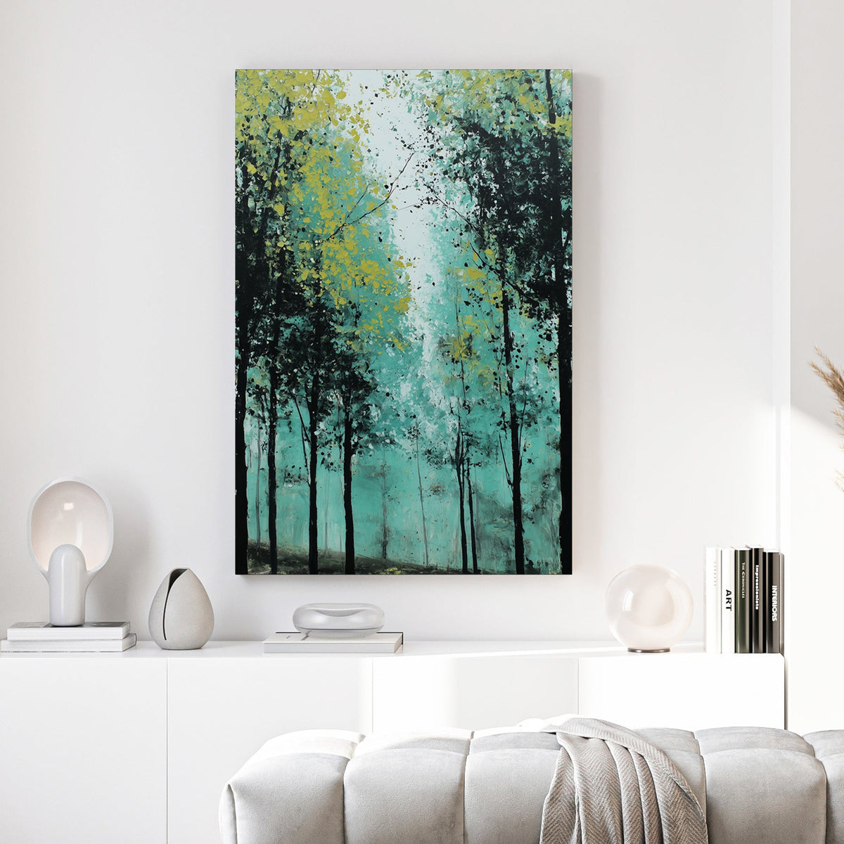 Forest path with tall trees in impressionist watercolour