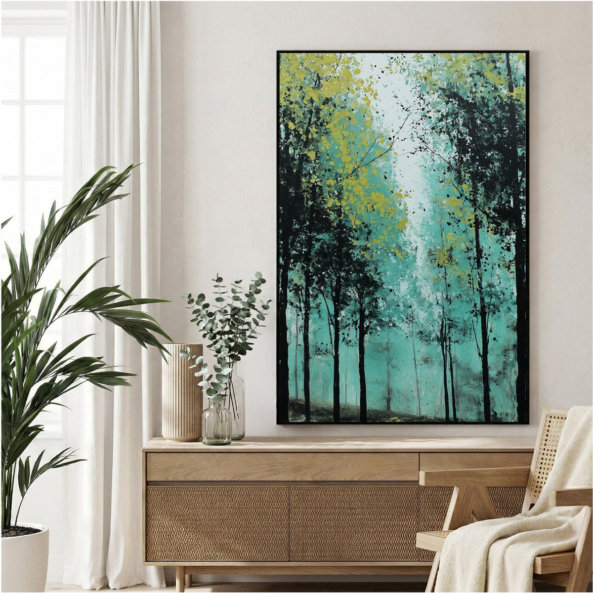 Forest path with tall trees in impressionist watercolour