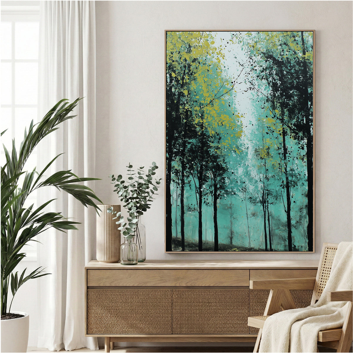 Forest path with tall trees in impressionist watercolour