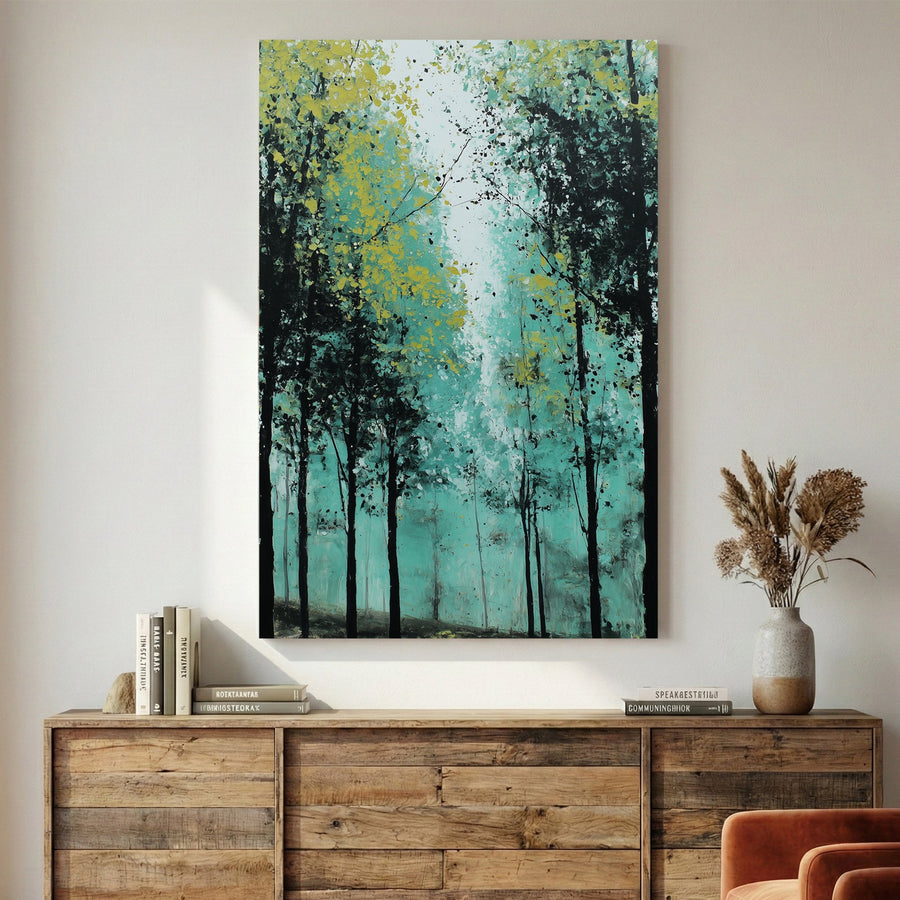 Forest path with tall trees in impressionist watercolour