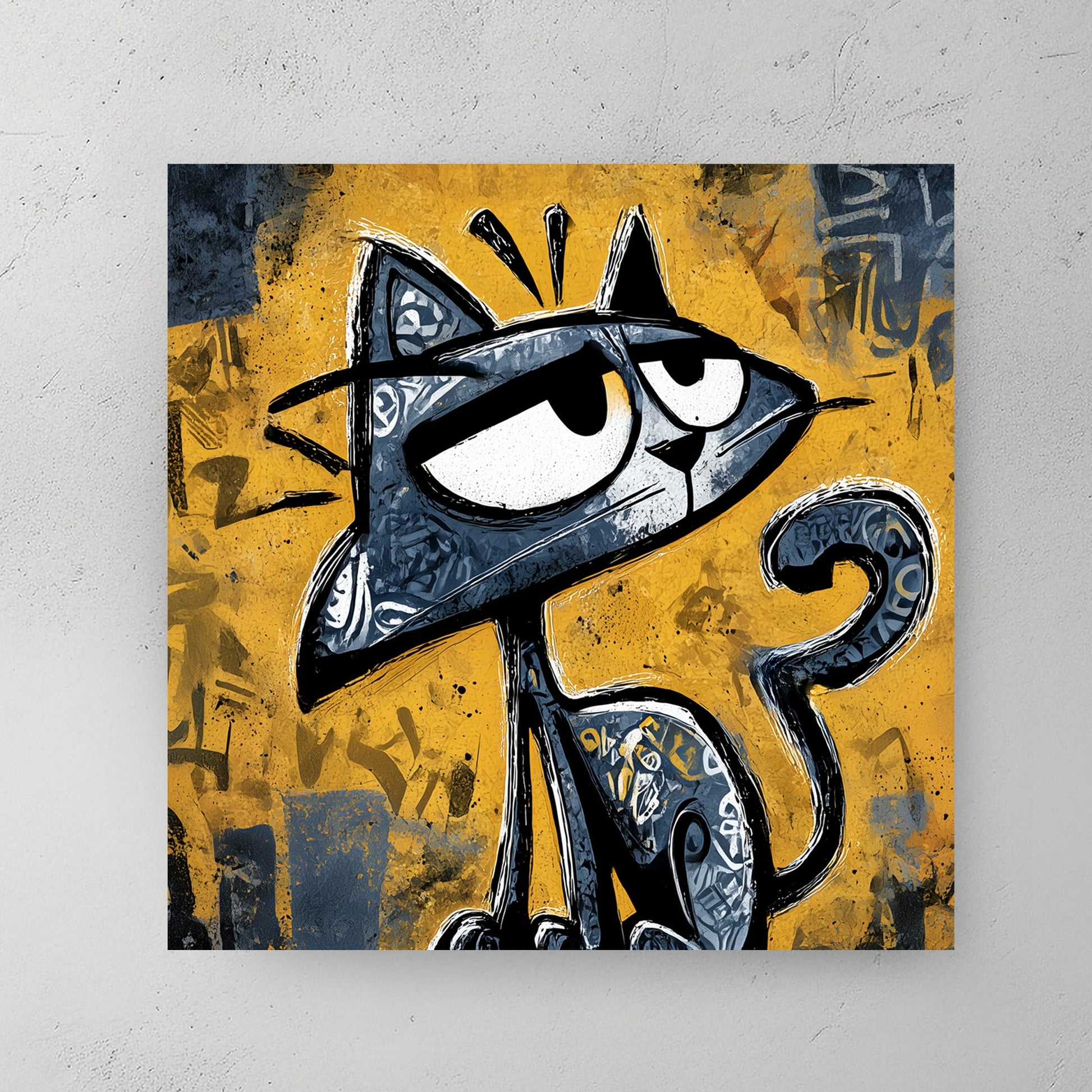 Graffiti cat character with smirk and urban street art style yellow background cartoon wall art