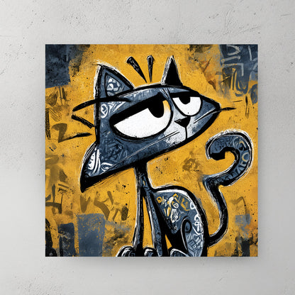 Graffiti cat character with smirk and urban street art style yellow background cartoon wall art