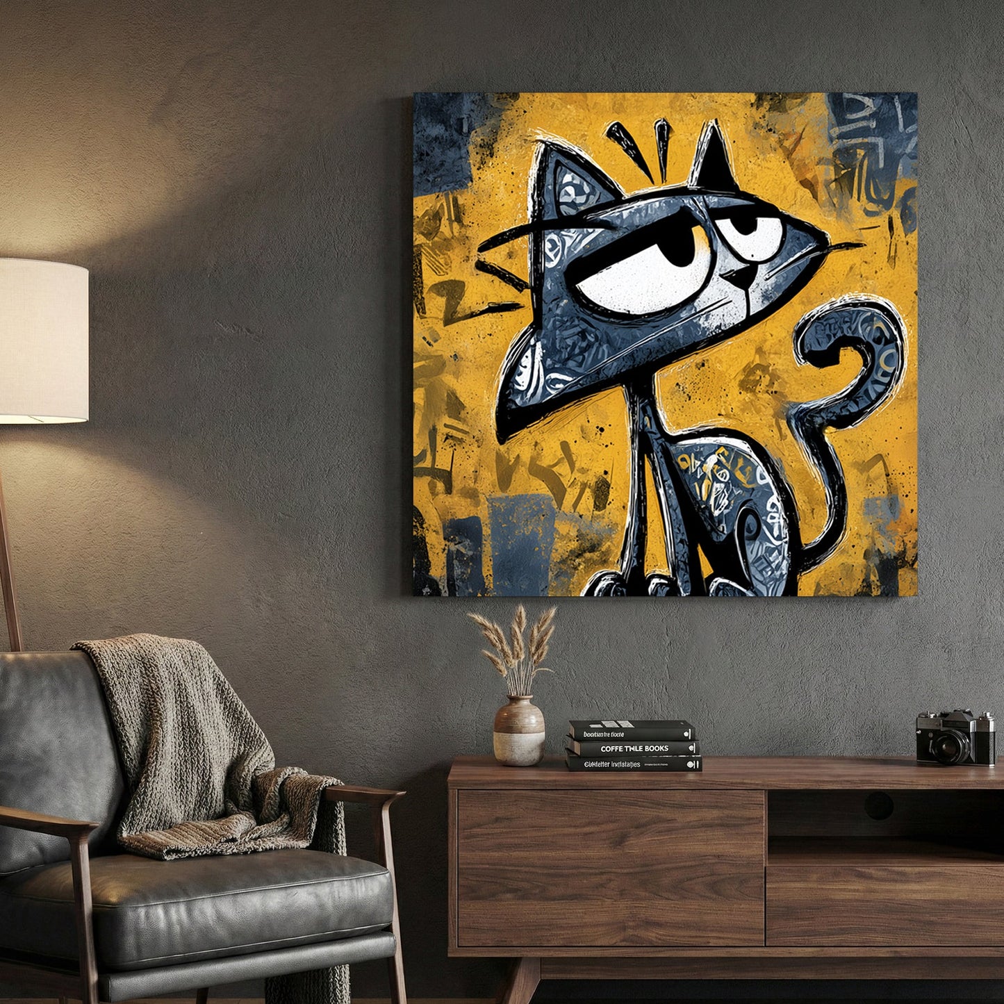 Graffiti cat character with smirk and urban street art style yellow background cartoon wall art