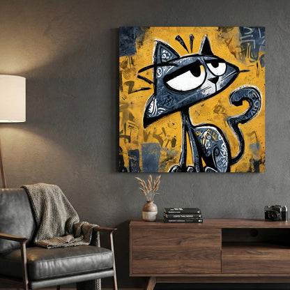 Graffiti cat character with smirk and urban street art style yellow background cartoon wall art