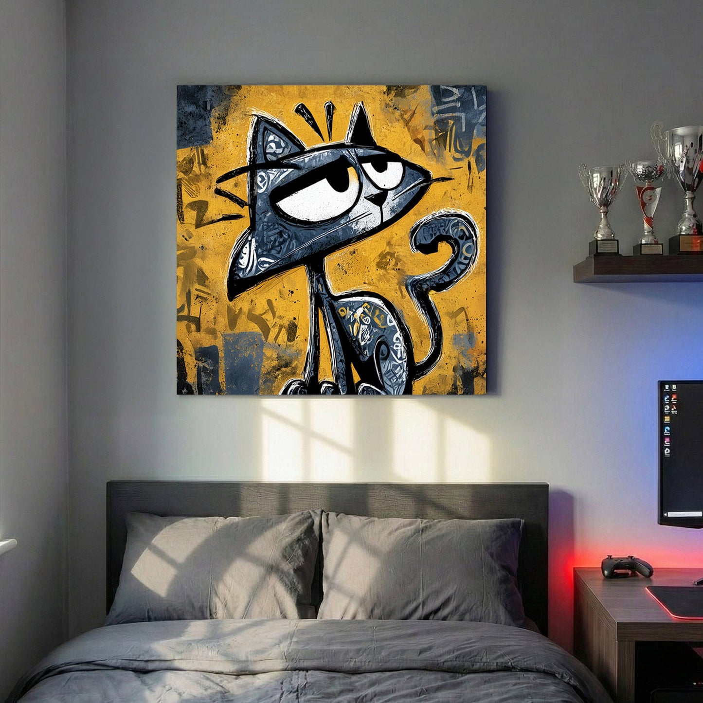 Graffiti cat character with smirk and urban street art style yellow background cartoon wall art