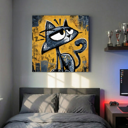 Graffiti cat character with smirk and urban street art style yellow background cartoon wall art