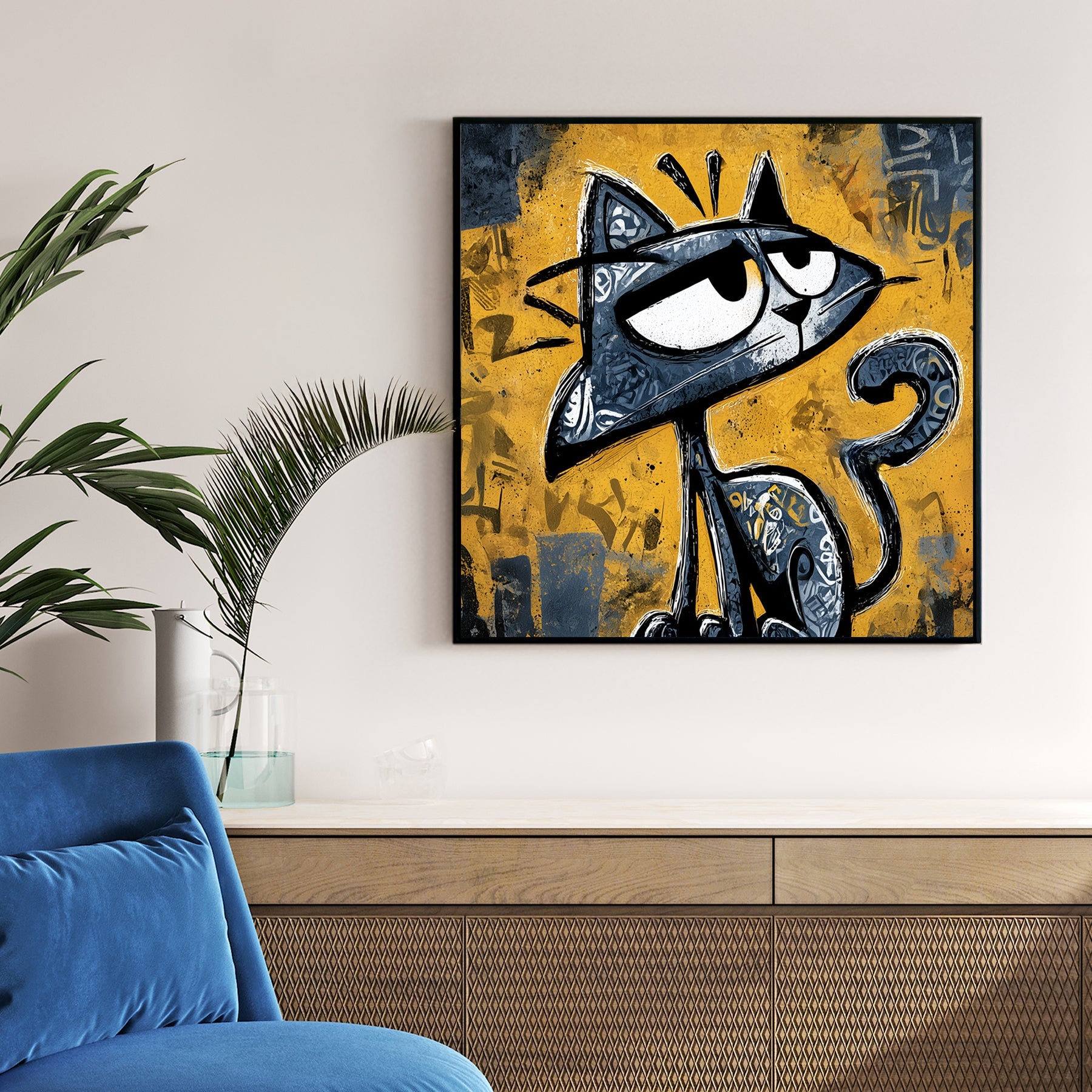 Graffiti cat character with smirk and urban street art style yellow background cartoon wall art