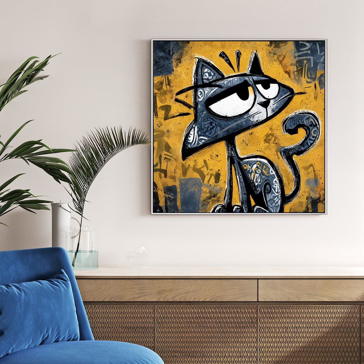 Graffiti cat character with smirk and urban street art style yellow background cartoon wall art
