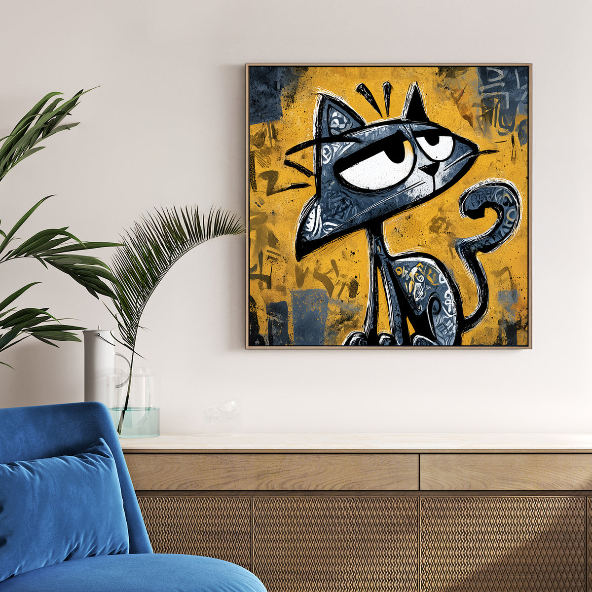 Graffiti cat character with smirk and urban street art style yellow background cartoon wall art