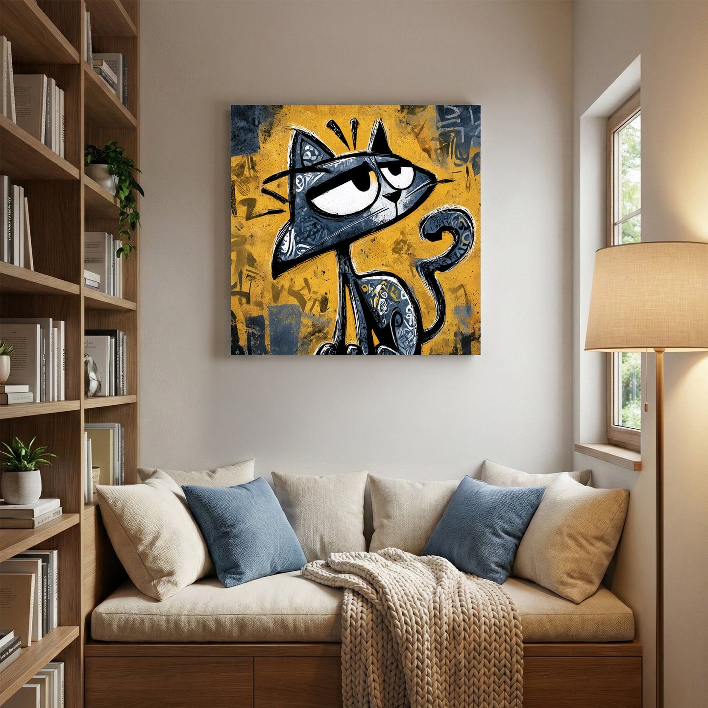 Graffiti cat character with smirk and urban street art style yellow background cartoon wall art