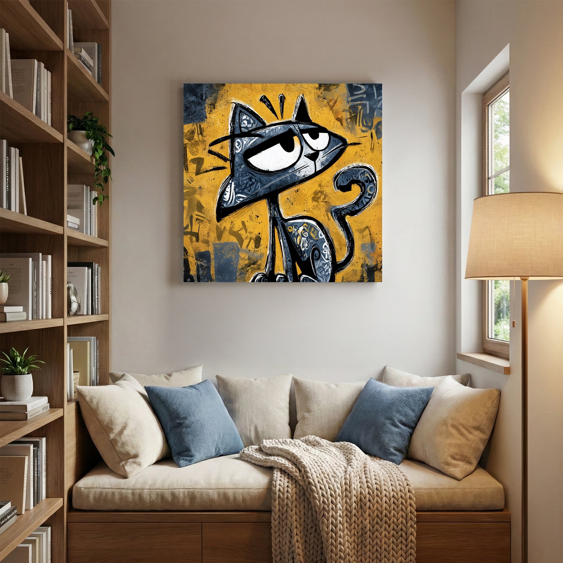 Graffiti cat character with smirk and urban street art style yellow background cartoon wall art
