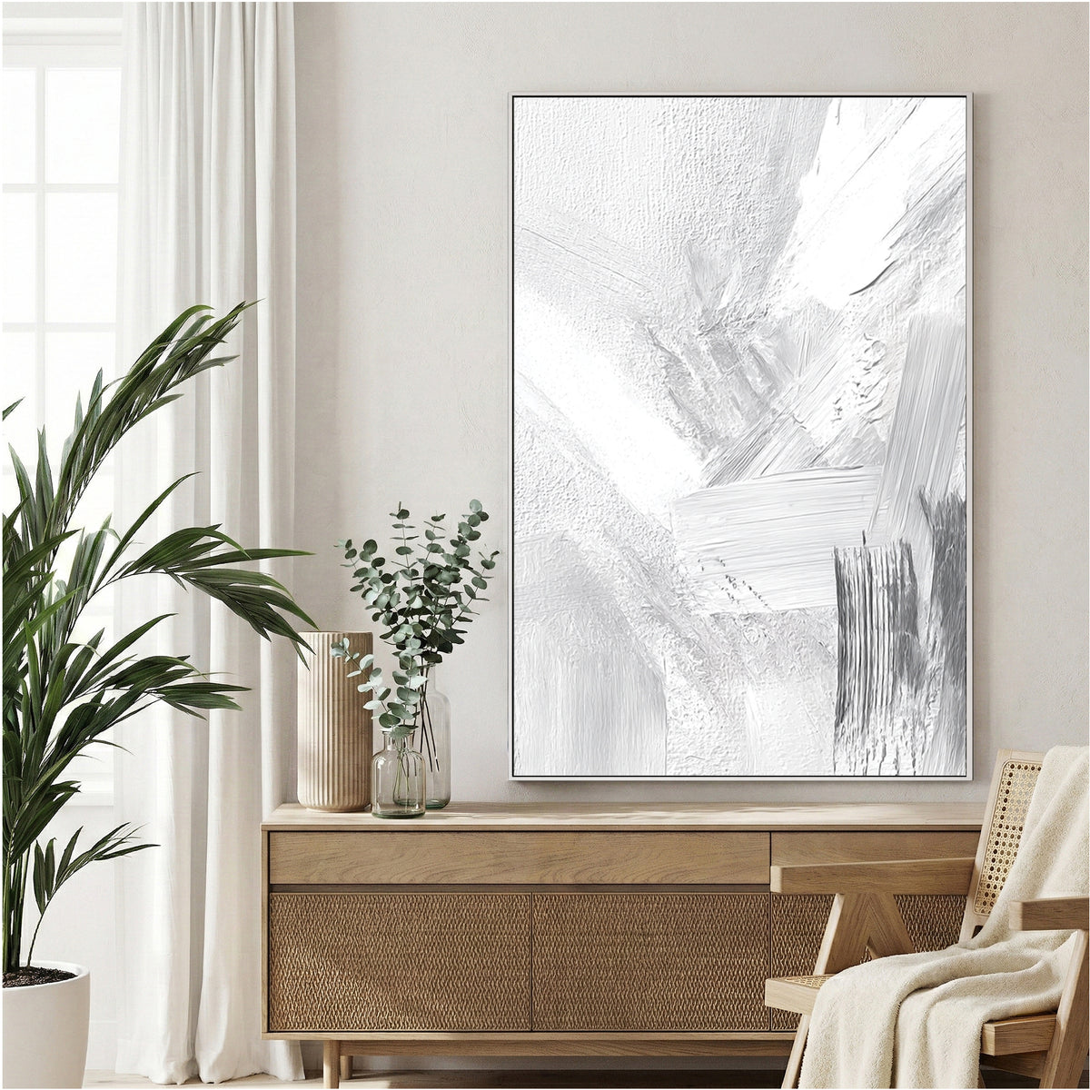 Abstract minimalist texture in white grey and blue subtle brush strokes wall art print