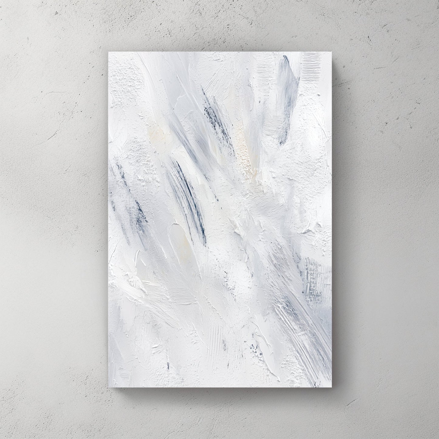 Abstract contemporary art with soft gestural marks in white, blue, and grey tones