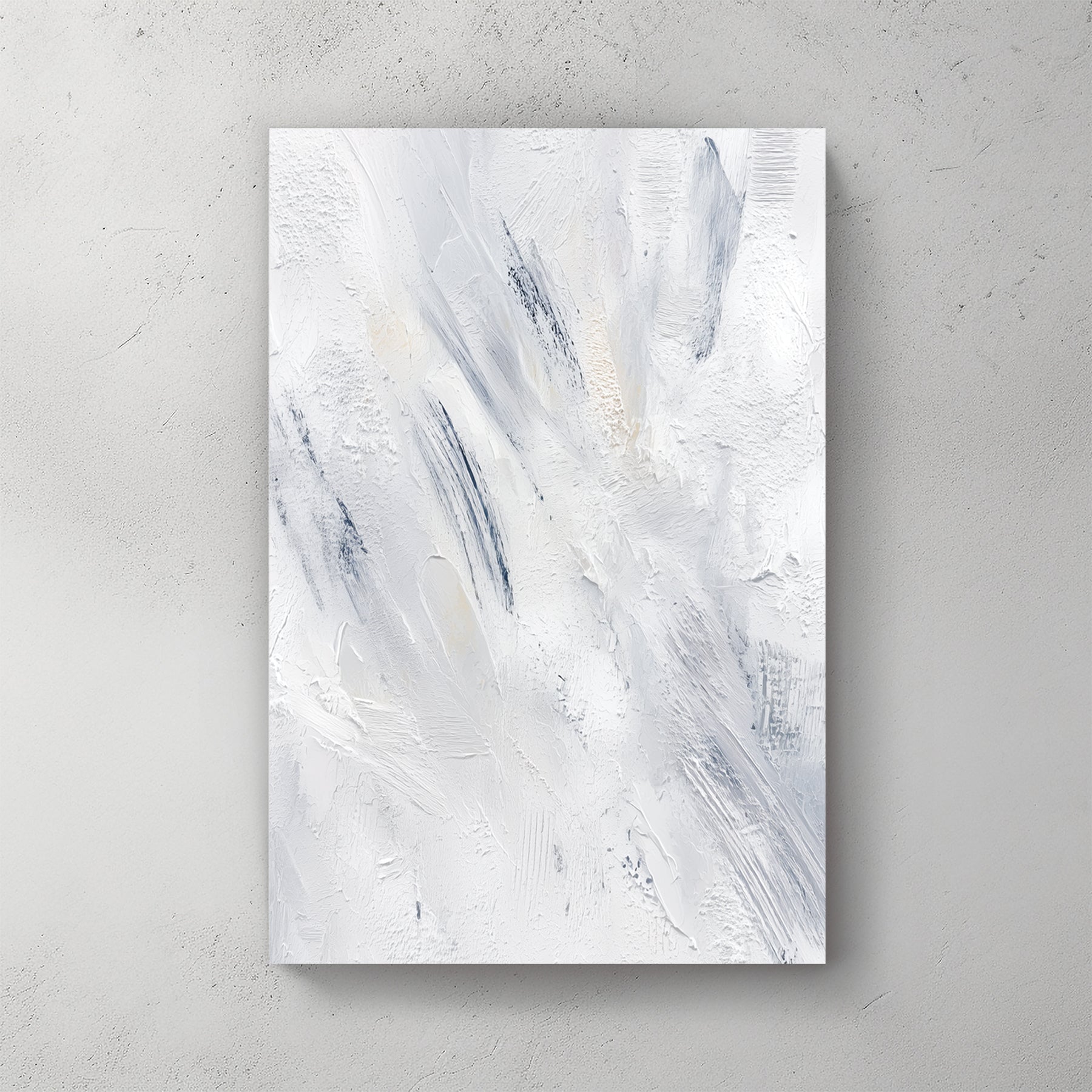 Abstract contemporary art with soft gestural marks in white, blue, and grey tones