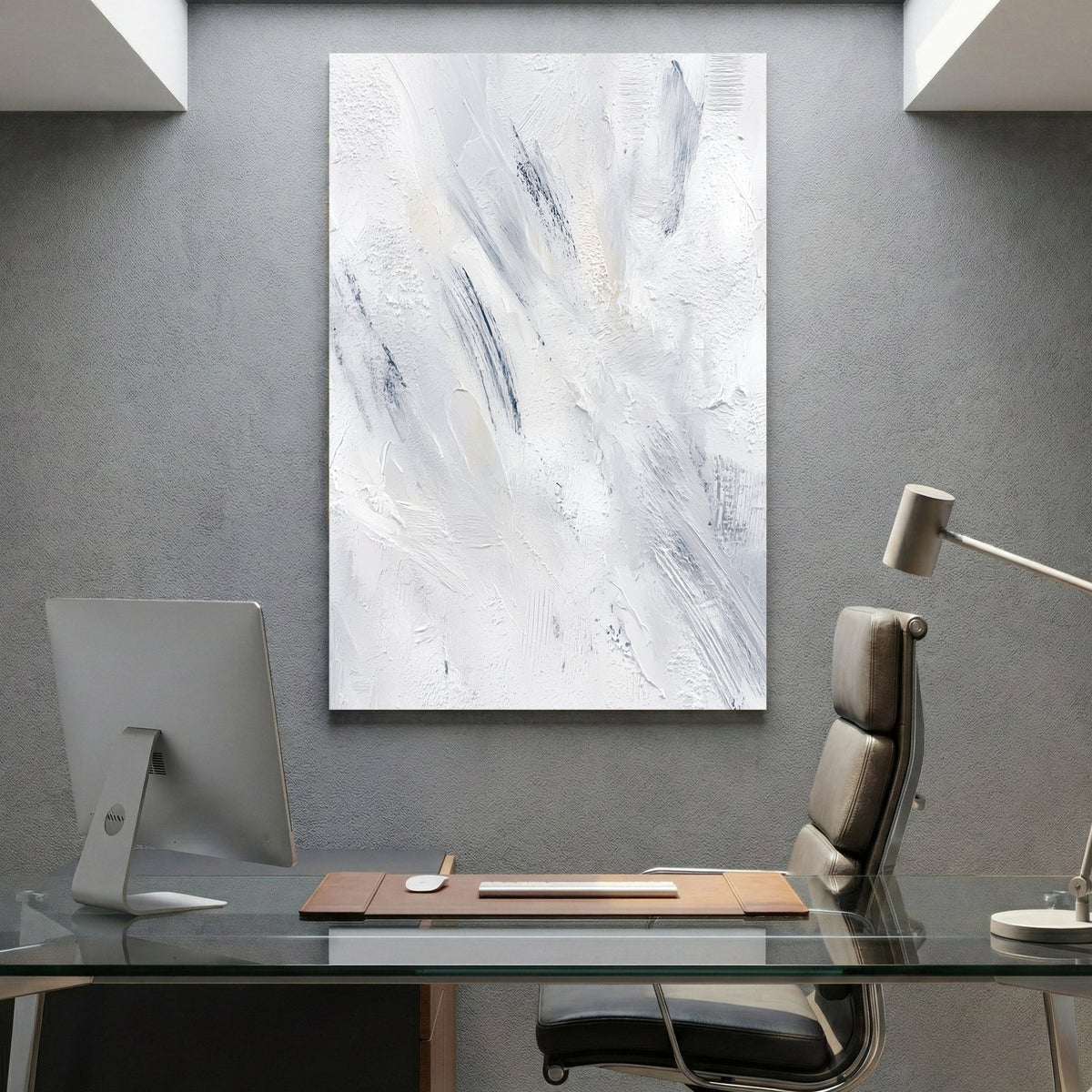 Abstract contemporary art with soft gestural marks in white, blue, and grey tones