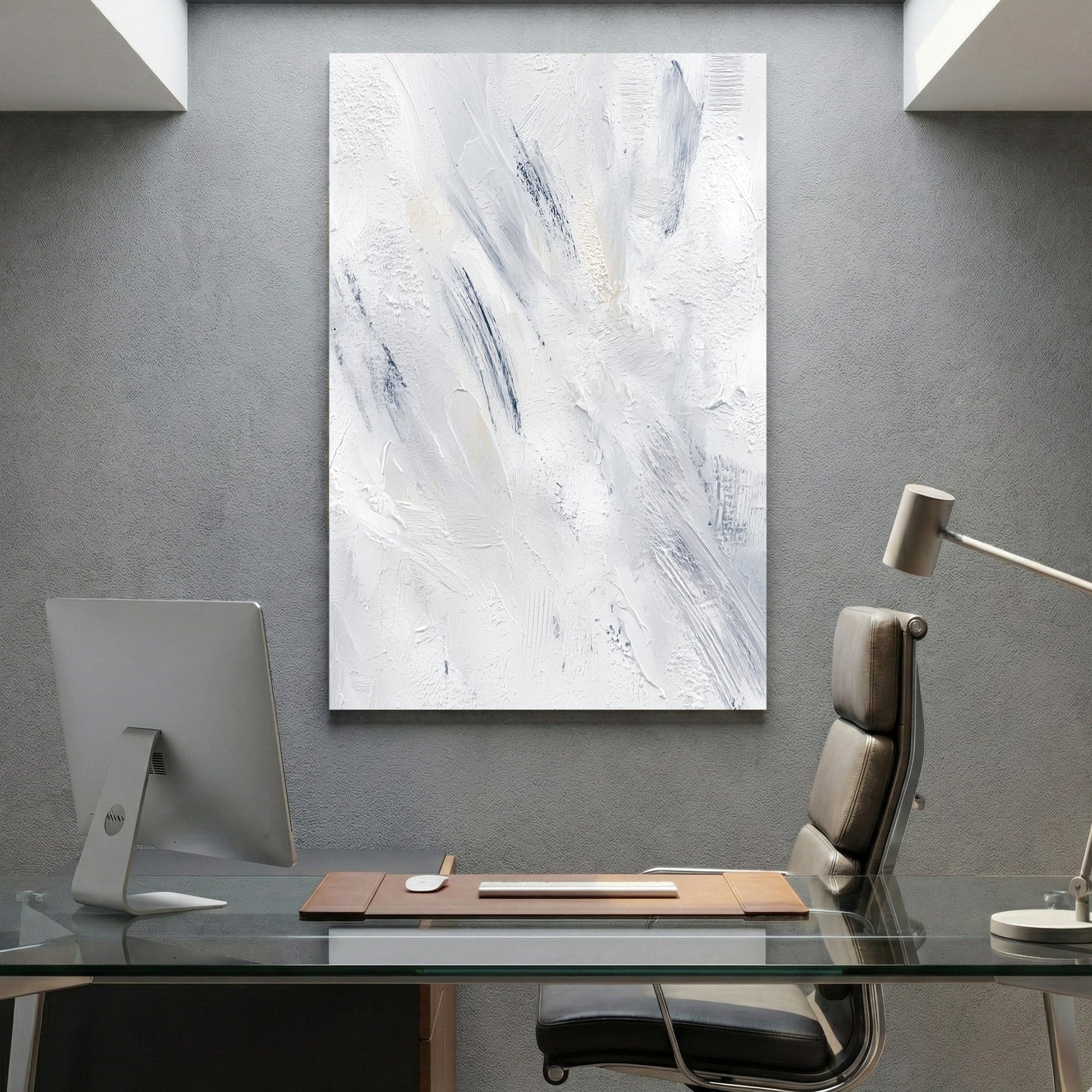 Abstract contemporary art with soft gestural marks in white, blue, and grey tones