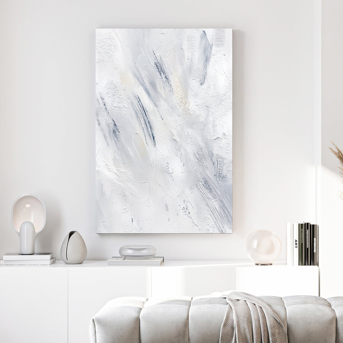 Abstract contemporary art with soft gestural marks in white, blue, and grey tones