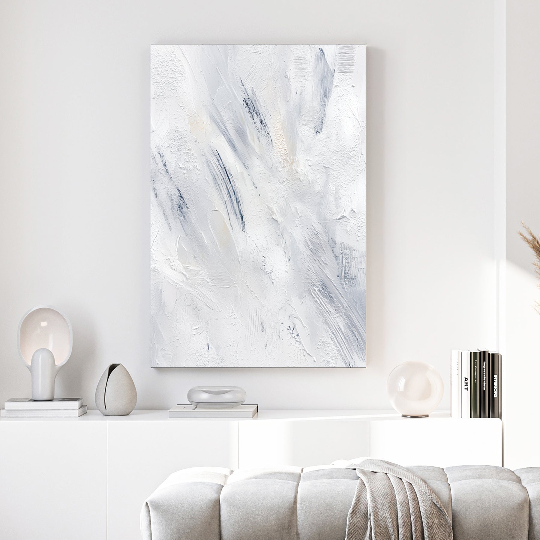 Abstract contemporary art with soft gestural marks in white, blue, and grey tones