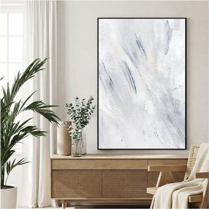 Abstract contemporary art with soft gestural marks in white, blue, and grey tones