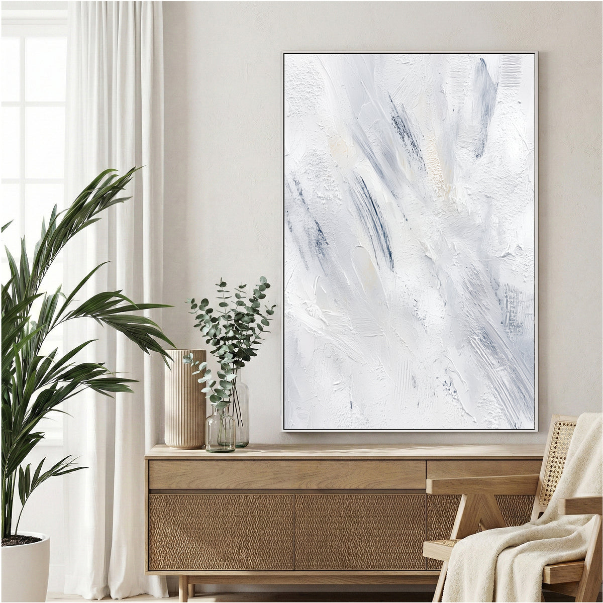 Abstract contemporary art with soft gestural marks in white, blue, and grey tones
