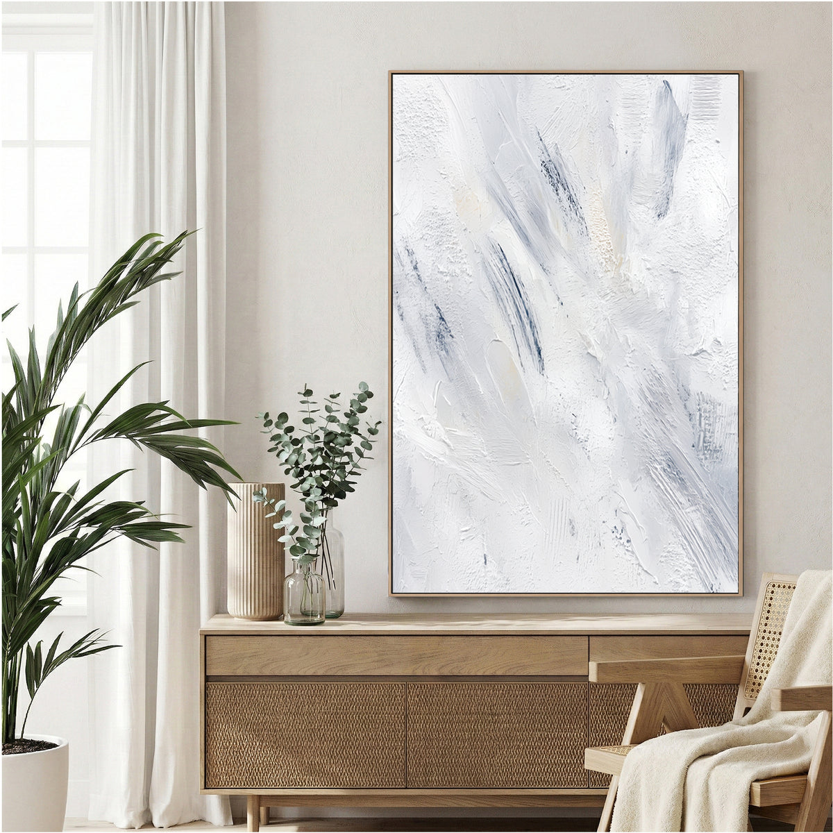 Abstract contemporary art with soft gestural marks in white, blue, and grey tones