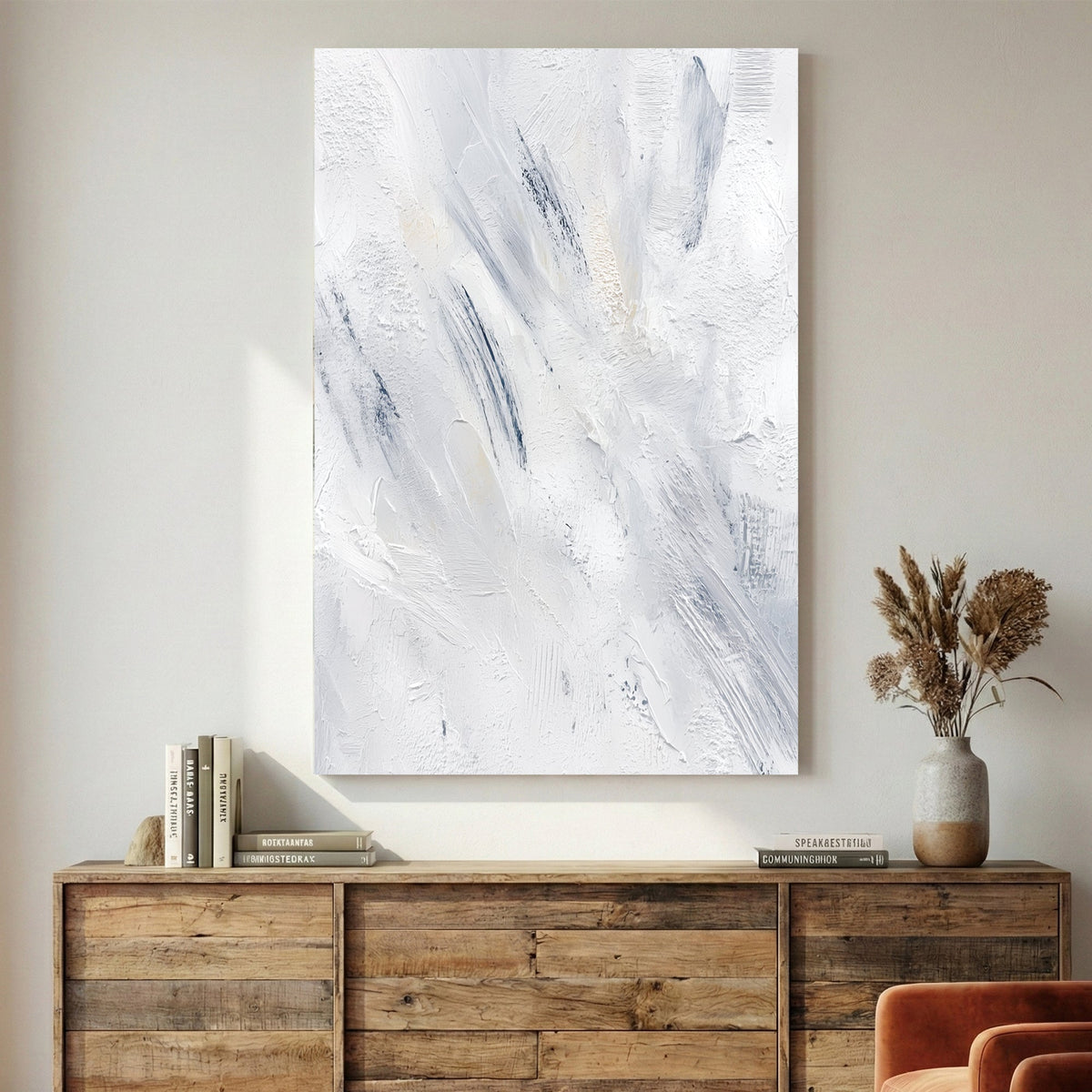Abstract contemporary art with soft gestural marks in white, blue, and grey tones