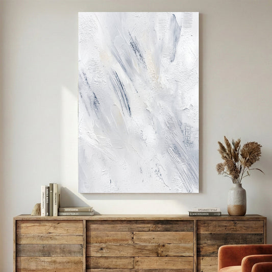 Abstract contemporary art with soft gestural marks in white, blue, and grey tones