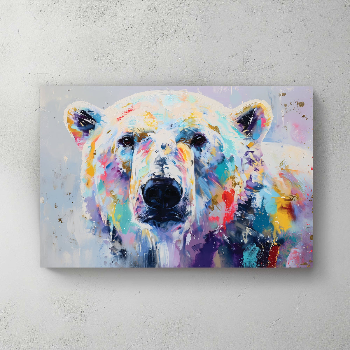 Colourful watercolour polar bear portrait with vibrant purple, teal, gold, and red washes