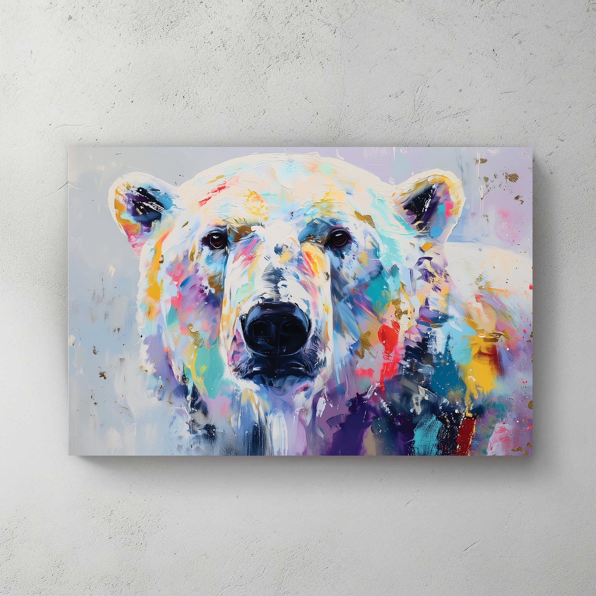 Colourful watercolour polar bear portrait with vibrant purple, teal, gold, and red washes