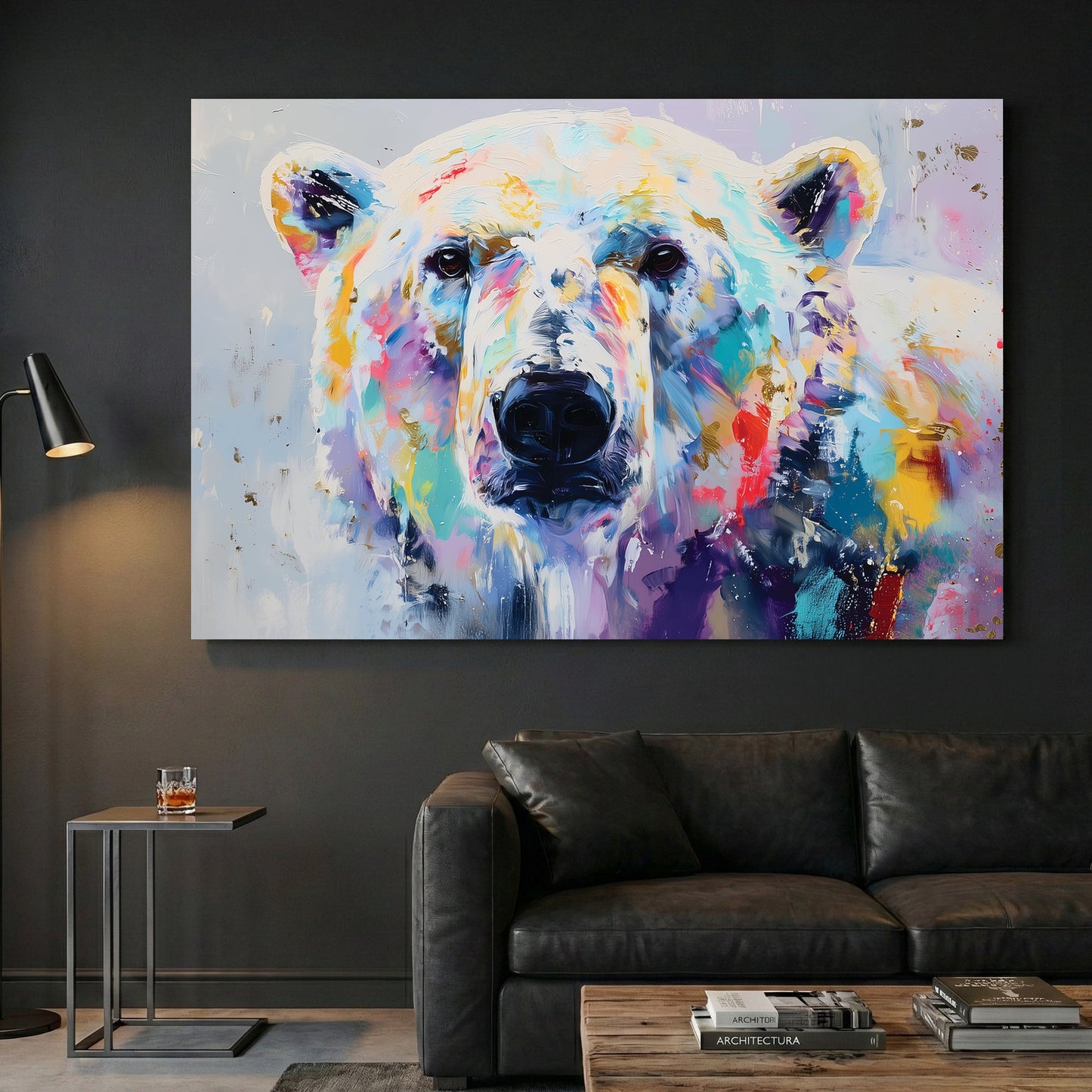 Colourful watercolour polar bear portrait with vibrant purple, teal, gold, and red washes