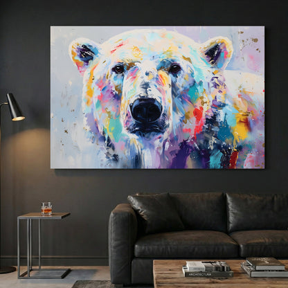 Colourful watercolour polar bear portrait with vibrant purple, teal, gold, and red washes