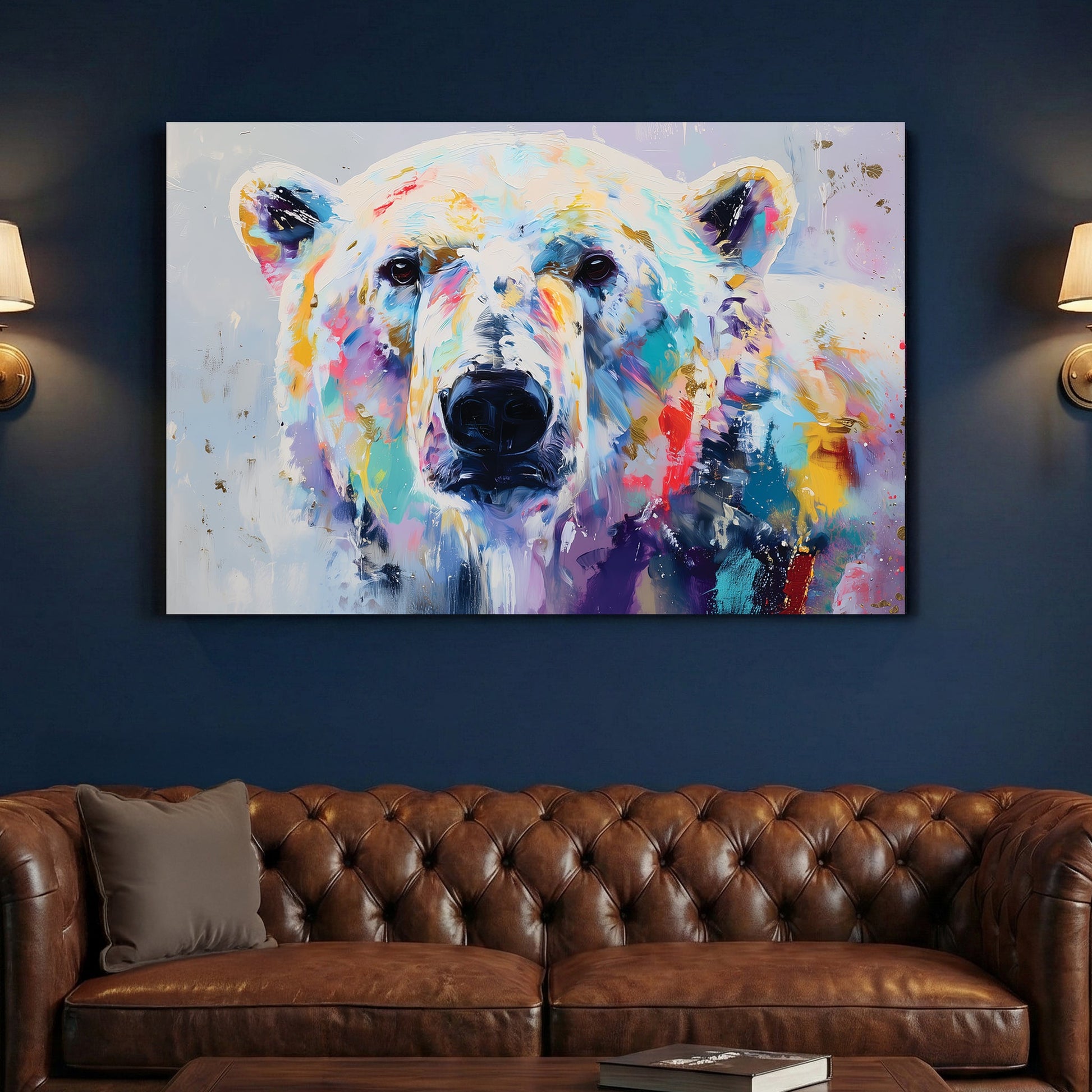 Colourful watercolour polar bear portrait with vibrant purple, teal, gold, and red washes