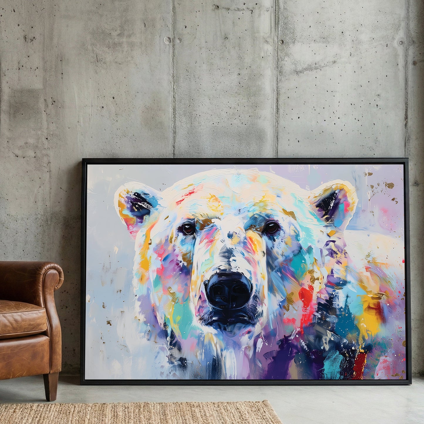 Colourful watercolour polar bear portrait with vibrant purple, teal, gold, and red washes