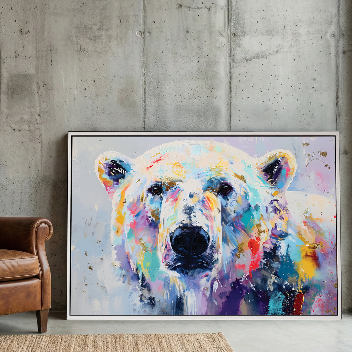 Colourful watercolour polar bear portrait with vibrant purple, teal, gold, and red washes