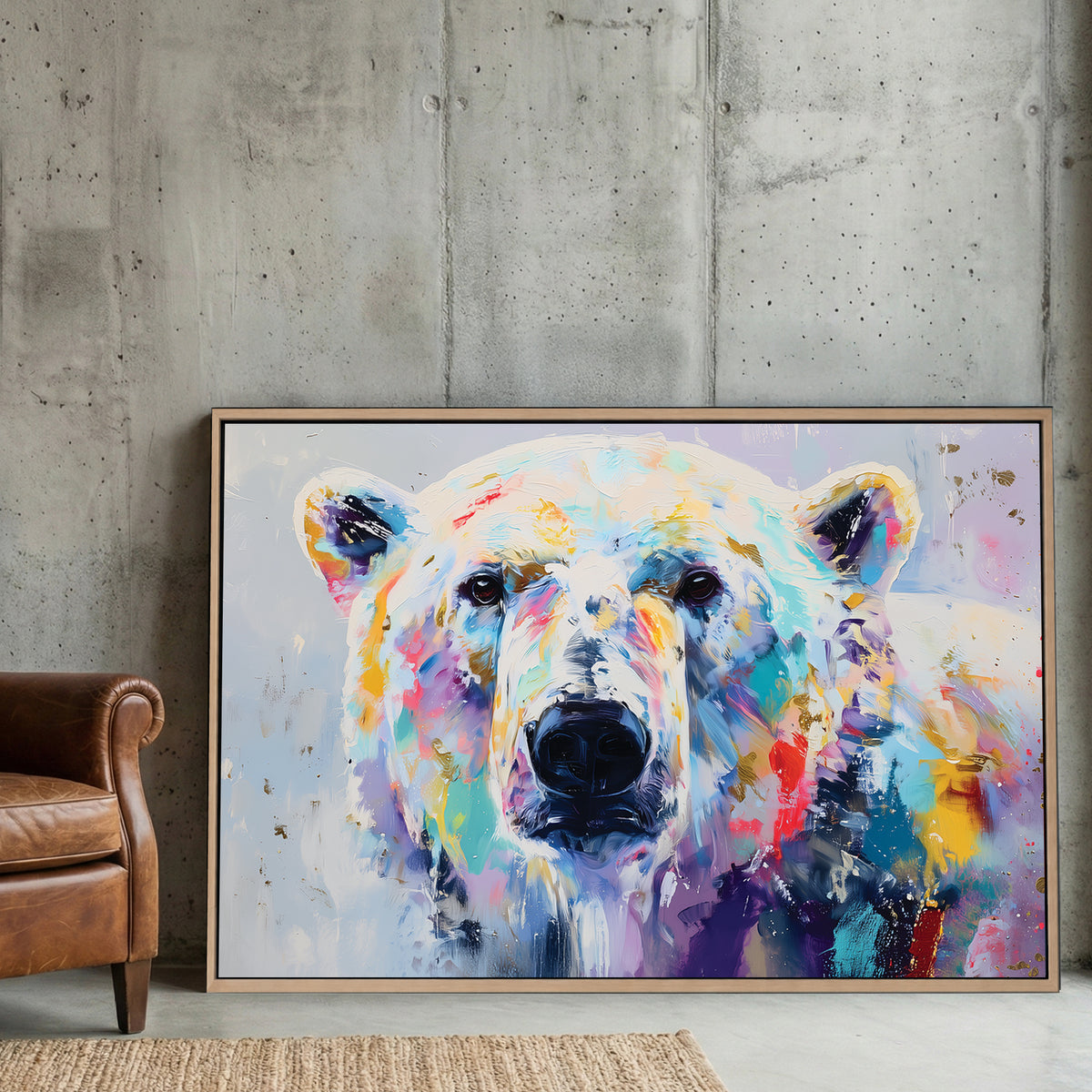 Colourful watercolour polar bear portrait with vibrant purple, teal, gold, and red washes