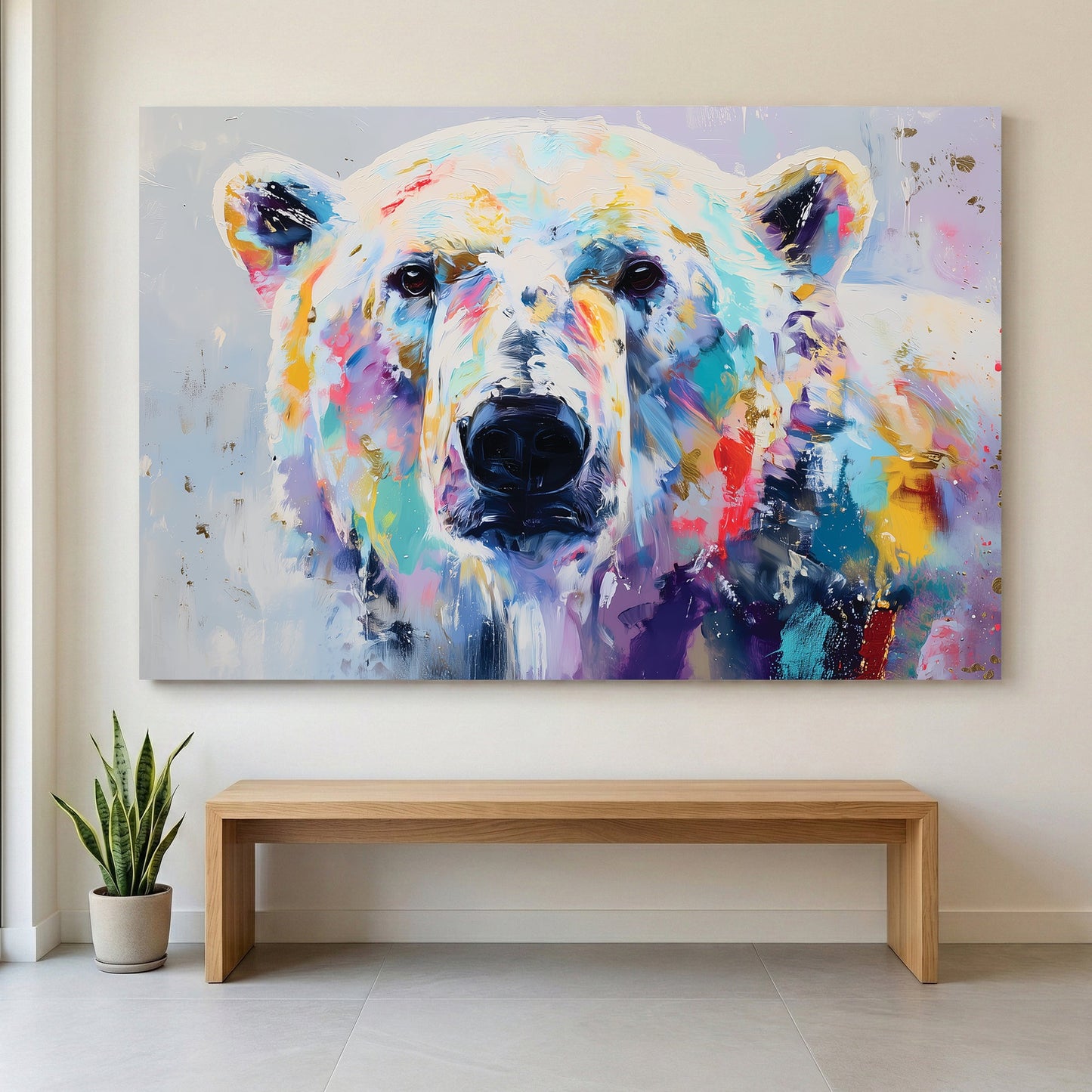 Colourful watercolour polar bear portrait with vibrant purple, teal, gold, and red washes