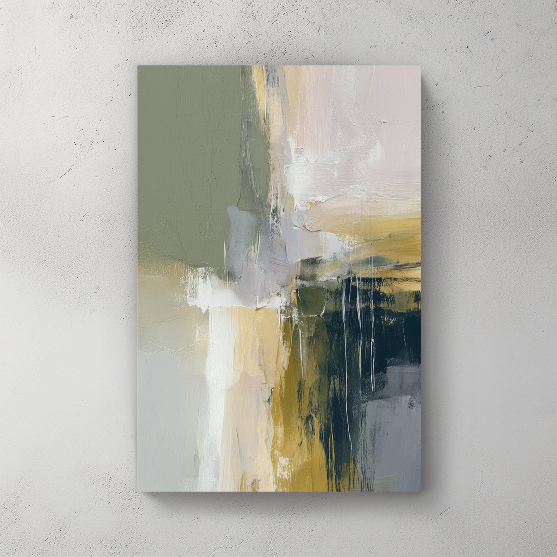 Abstract mixed media composition with green, cream, gold, and slate blue tones and vertical marks