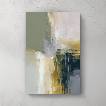 Abstract mixed media composition with green, cream, gold, and slate blue tones and vertical marks