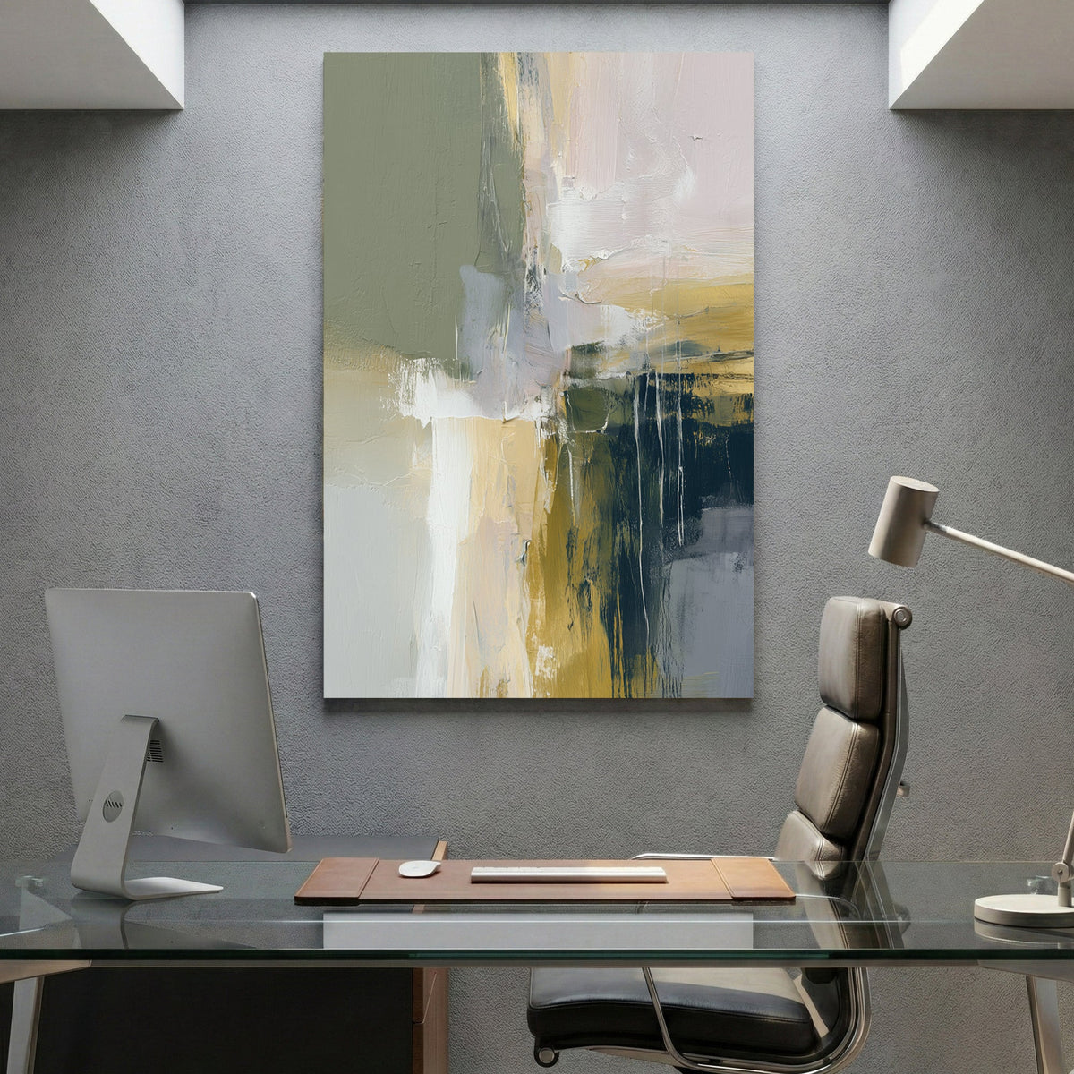 Abstract mixed media composition with green, cream, gold, and slate blue tones and vertical marks