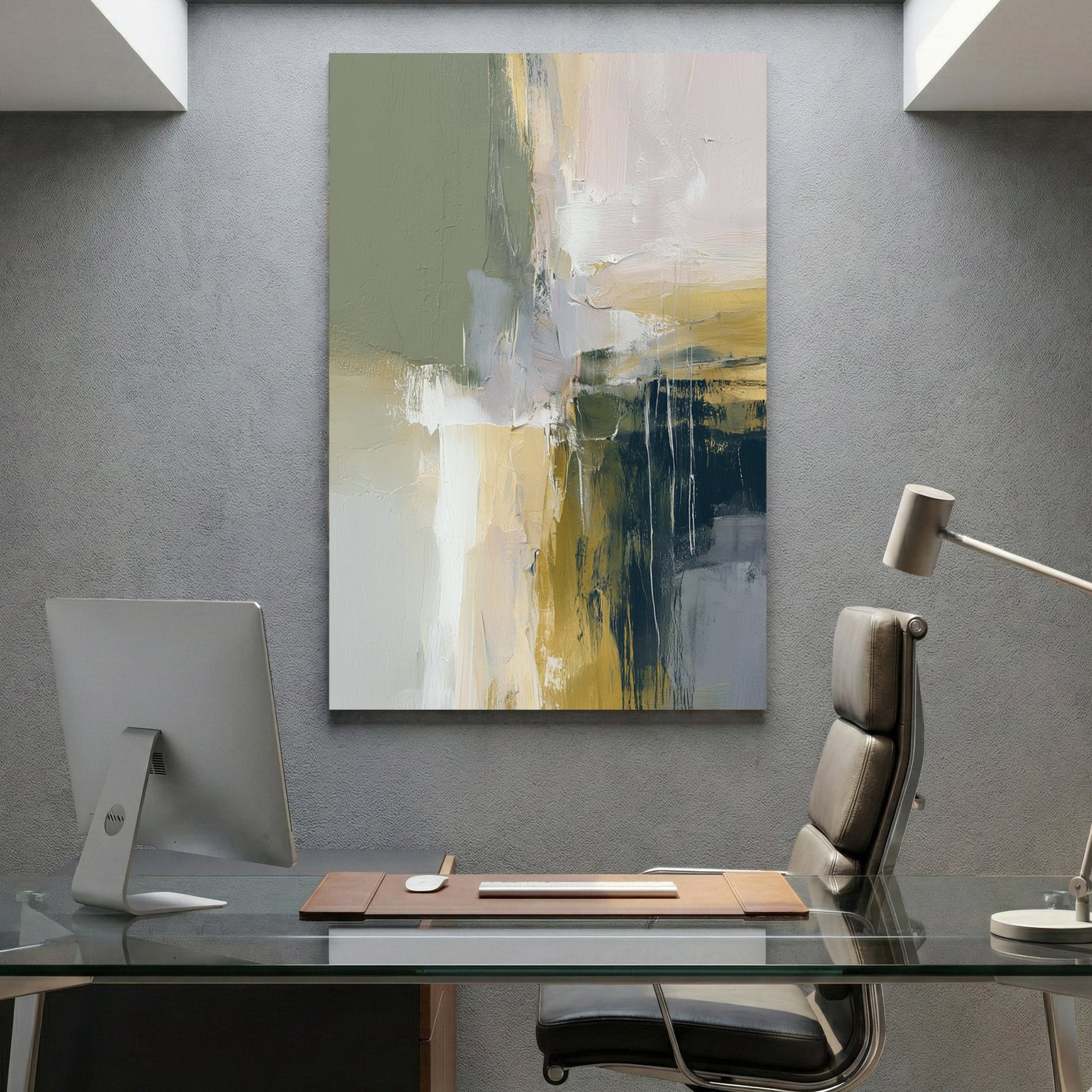 Abstract mixed media composition with green, cream, gold, and slate blue tones and vertical marks