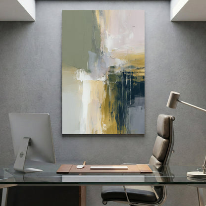 Abstract mixed media composition with green, cream, gold, and slate blue tones and vertical marks