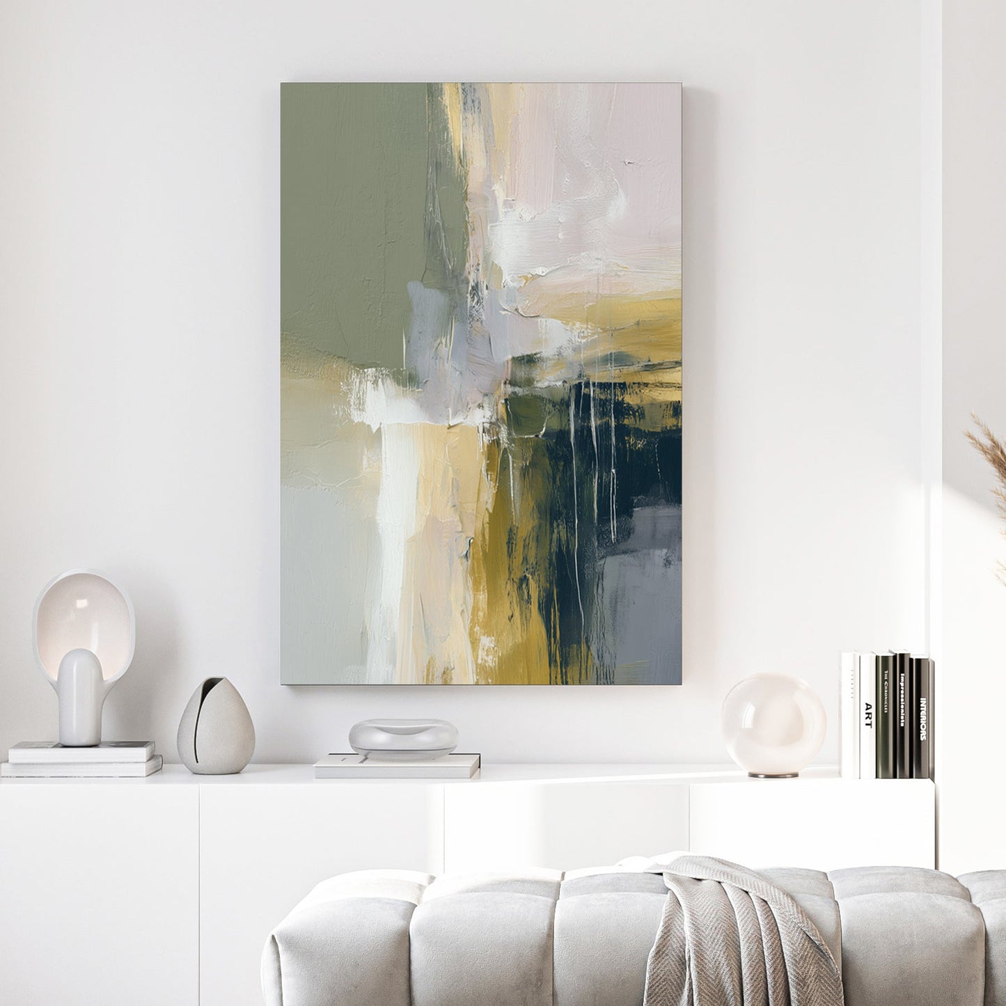 Abstract mixed media composition with green, cream, gold, and slate blue tones and vertical marks