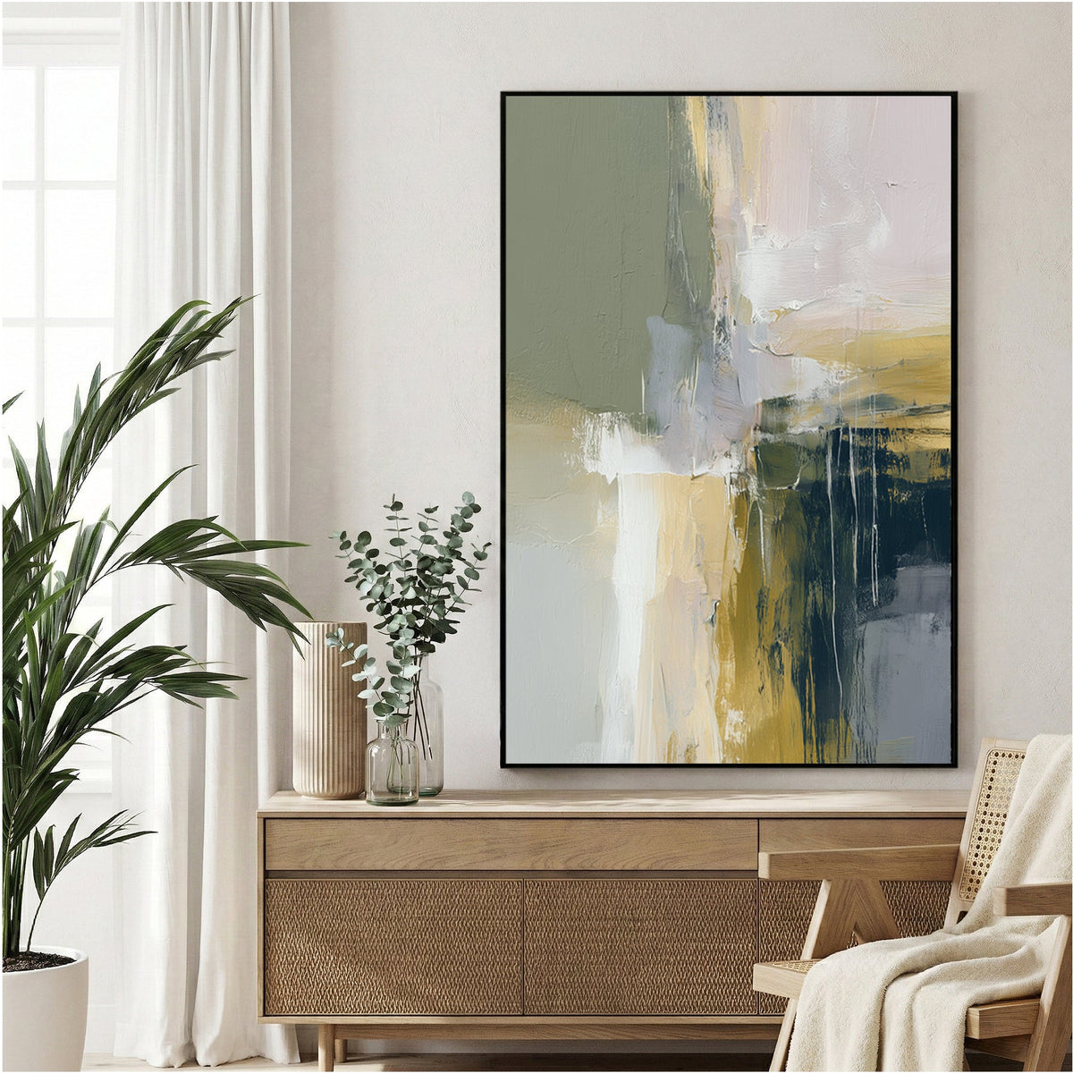 Abstract mixed media composition with green, cream, gold, and slate blue tones and vertical marks