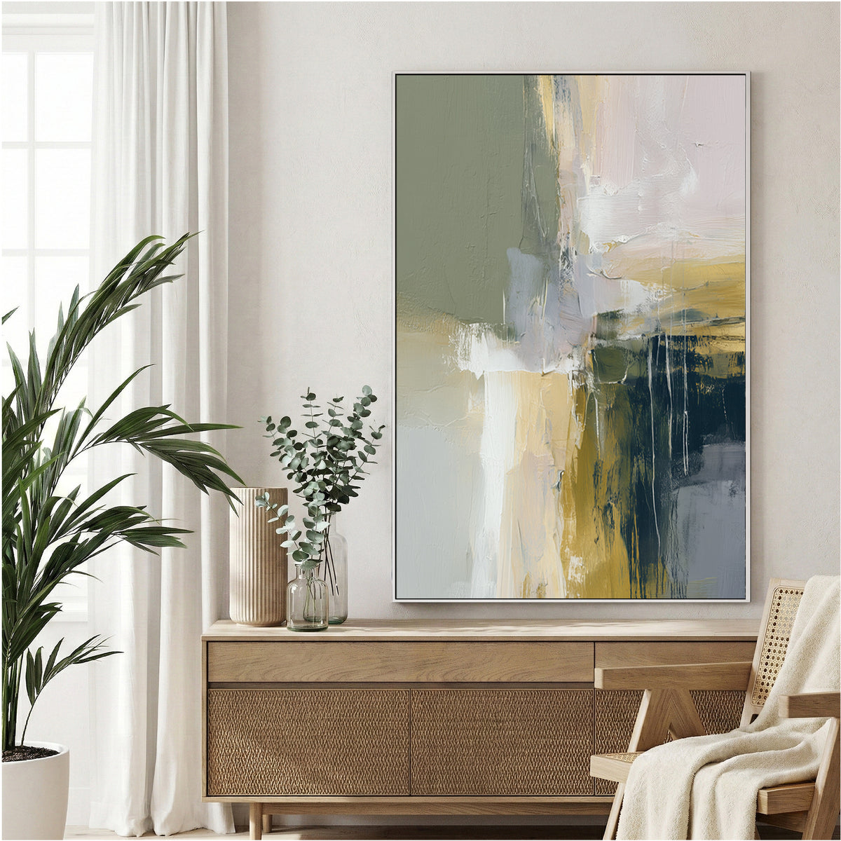 Abstract mixed media composition with green, cream, gold, and slate blue tones and vertical marks