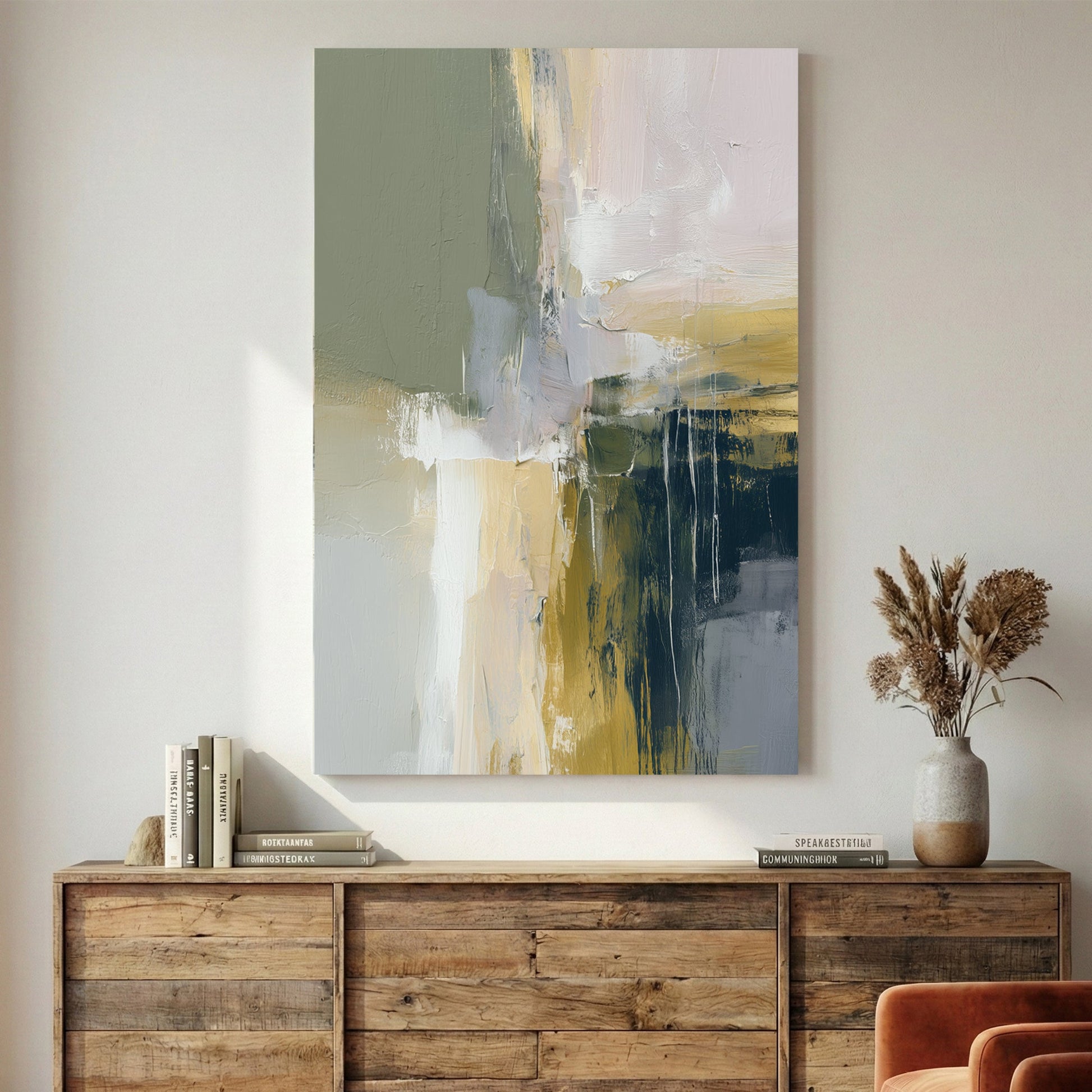 Abstract mixed media composition with green, cream, gold, and slate blue tones and vertical marks