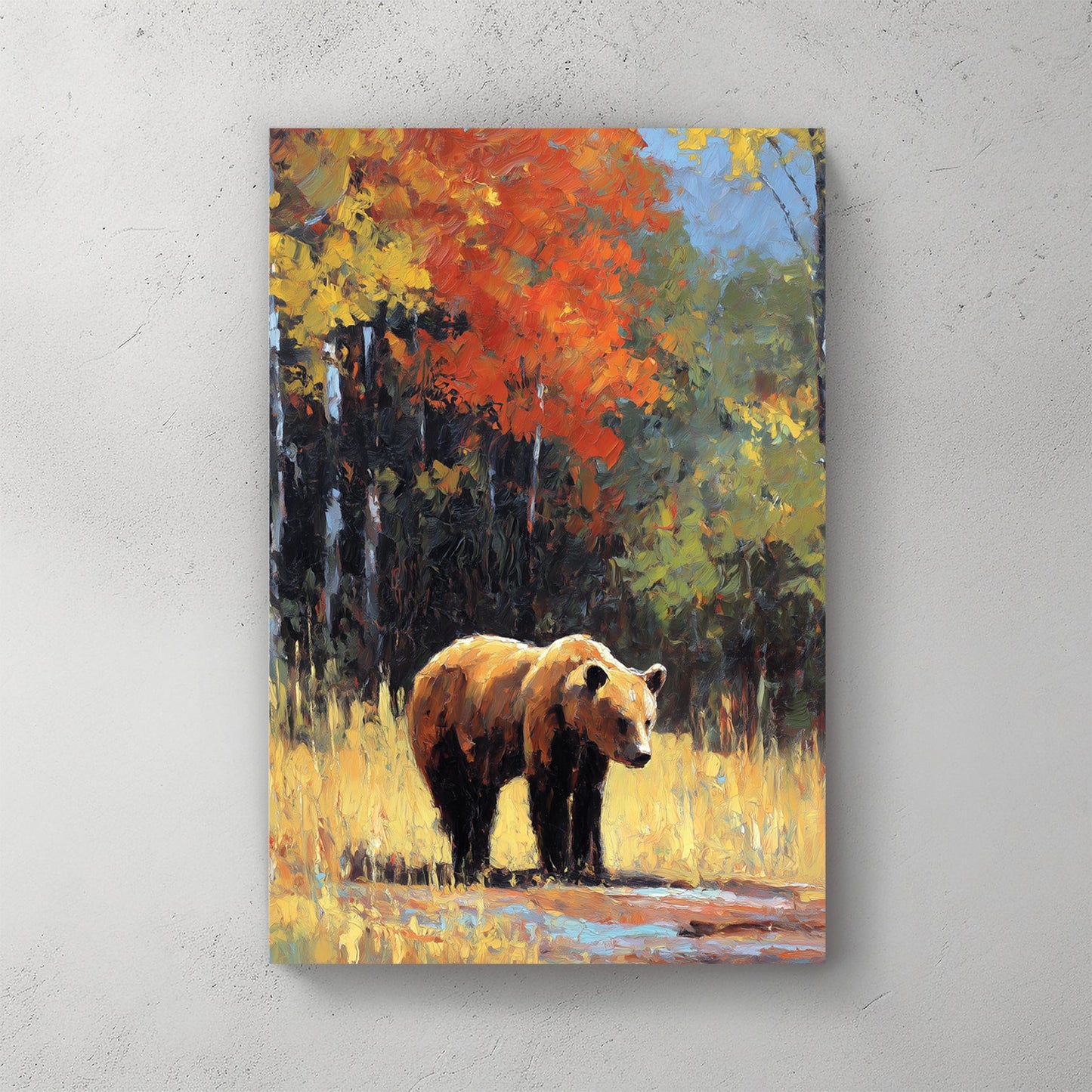 Bear illustration in autumn woodland with red-orange foliage and golden light