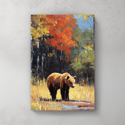 Bear illustration in autumn woodland with red-orange foliage and golden light