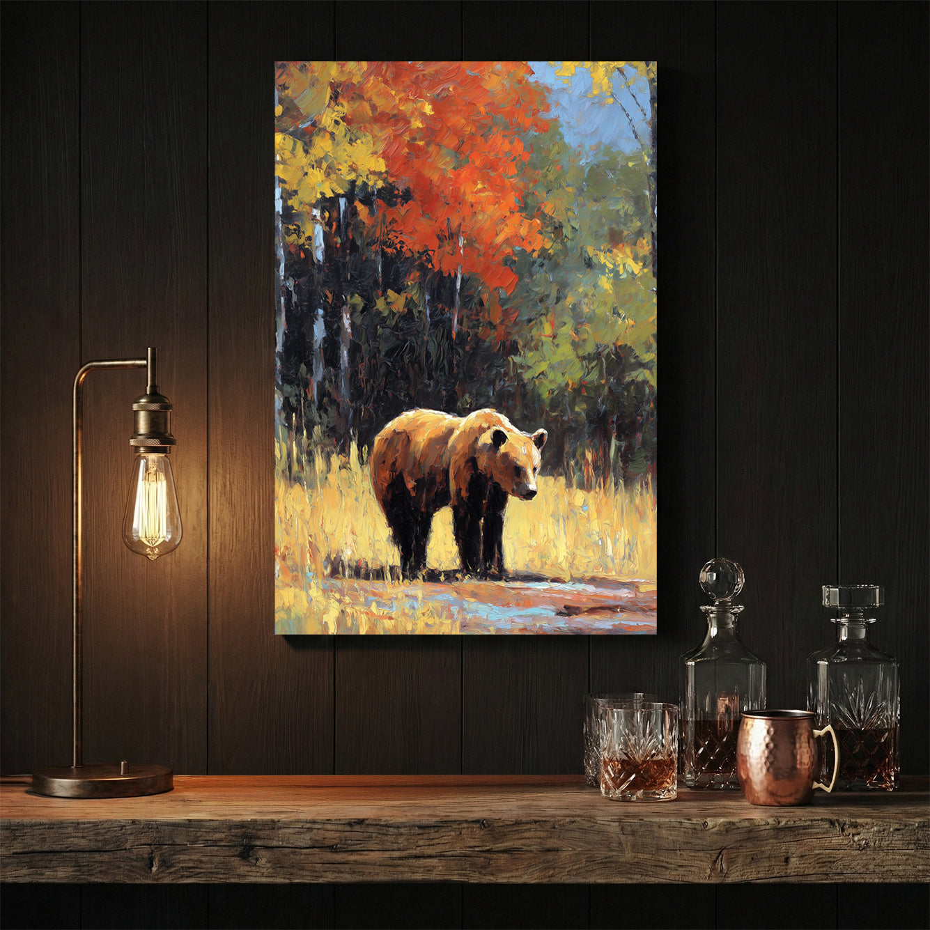 Bear illustration in autumn woodland with red-orange foliage and golden light