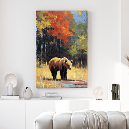 Bear illustration in autumn woodland with red-orange foliage and golden light